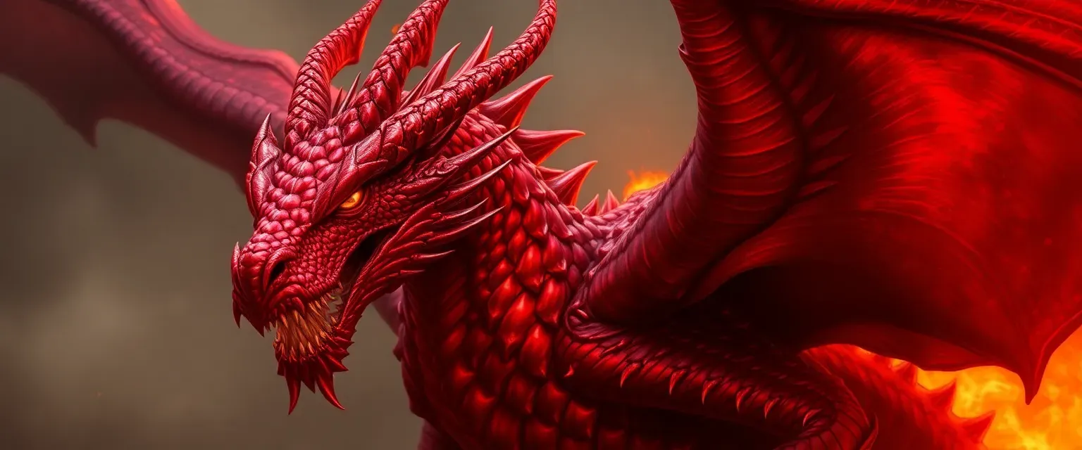 A blood-red dragon, ancient and fierce, with scales that glow when angry, embodying fire and fury.