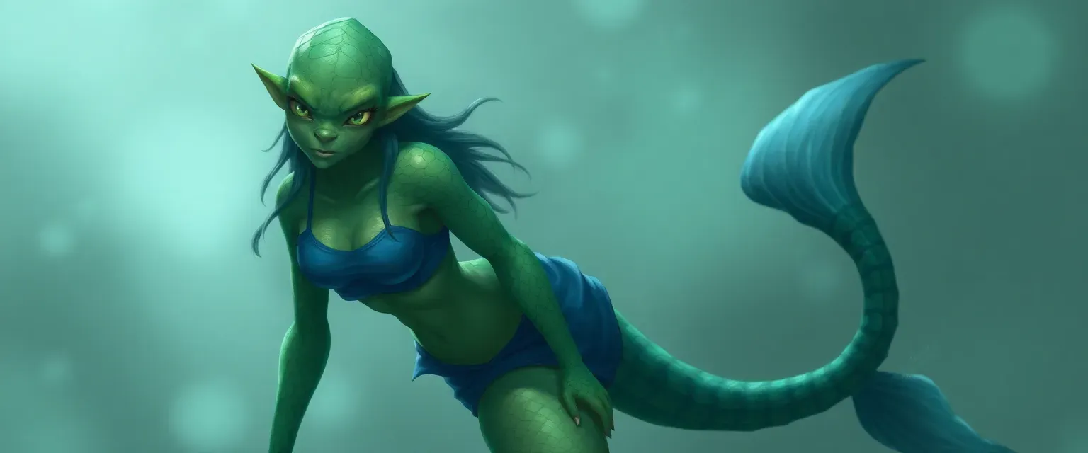 Green scaly skin, greenish-blue hues, yellow eyes, blue top, shorts, long finned tail, merfolk.