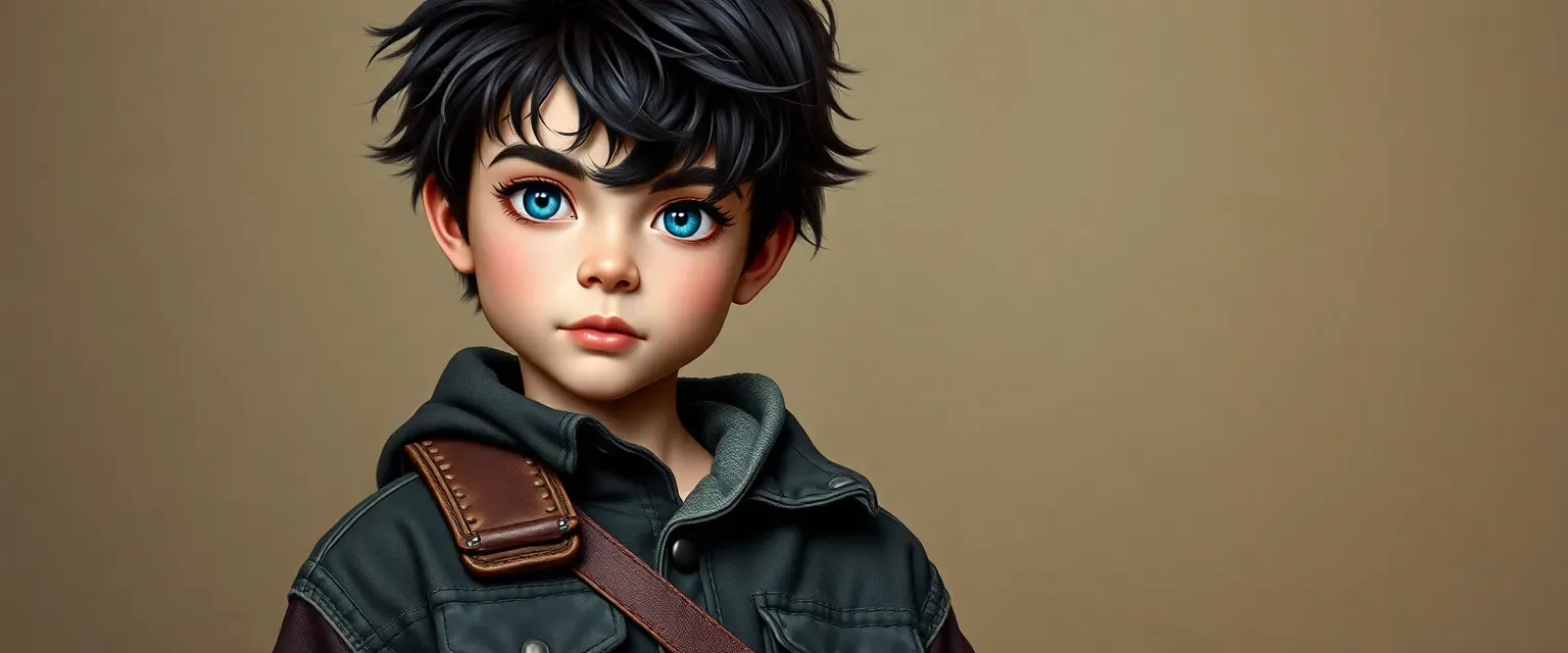 13-year-old boy with unruly dark hair, blue eyes, wearing a patched jacket, tool belt, sturdy boots.