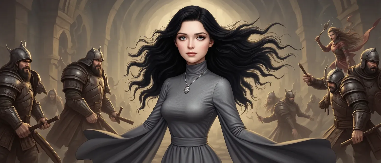 A 22-year-old ethereal woman with pale skin, raven-black wavy hair, stormy gray eyes, wearing a high-necked gray mourning silk gown, silver locket at throat, slender and graceful.