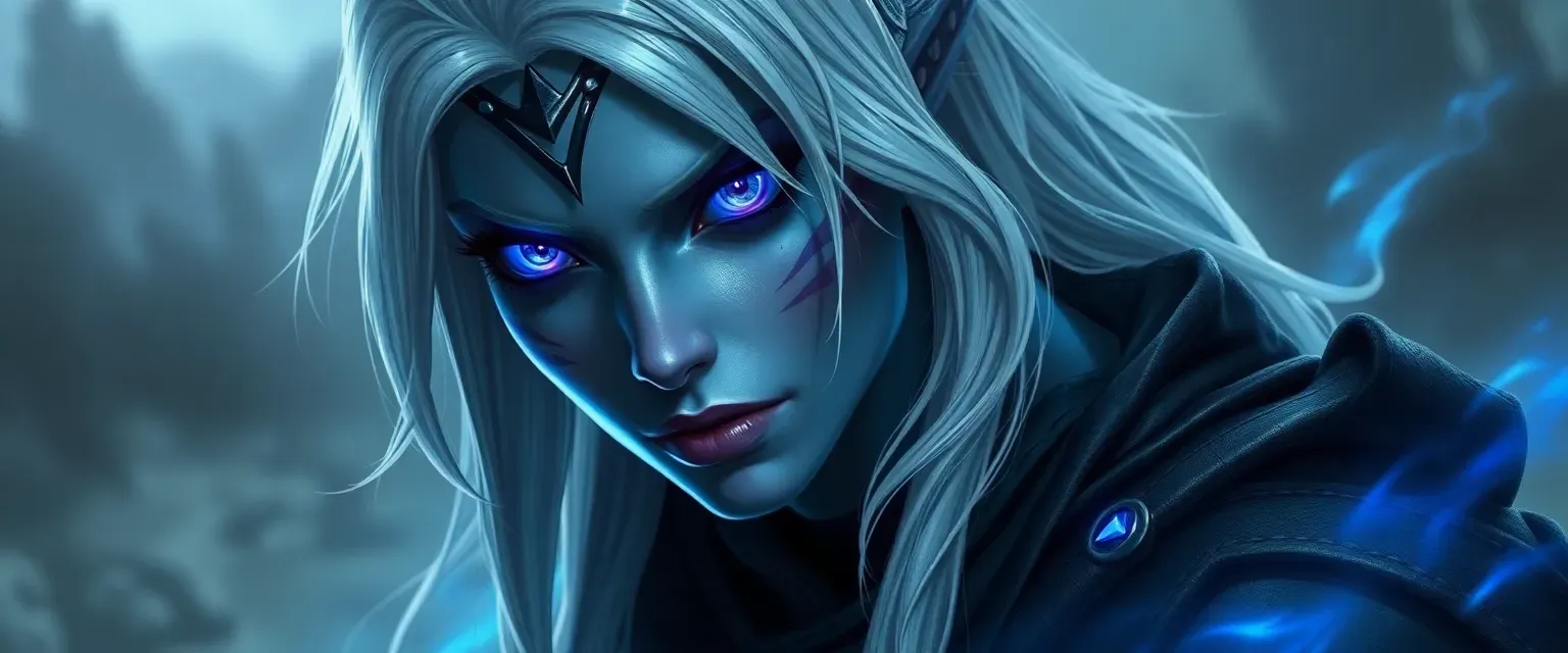 Drow female with violet eyes, silver hair, dark leathers, and glowing tattoos.