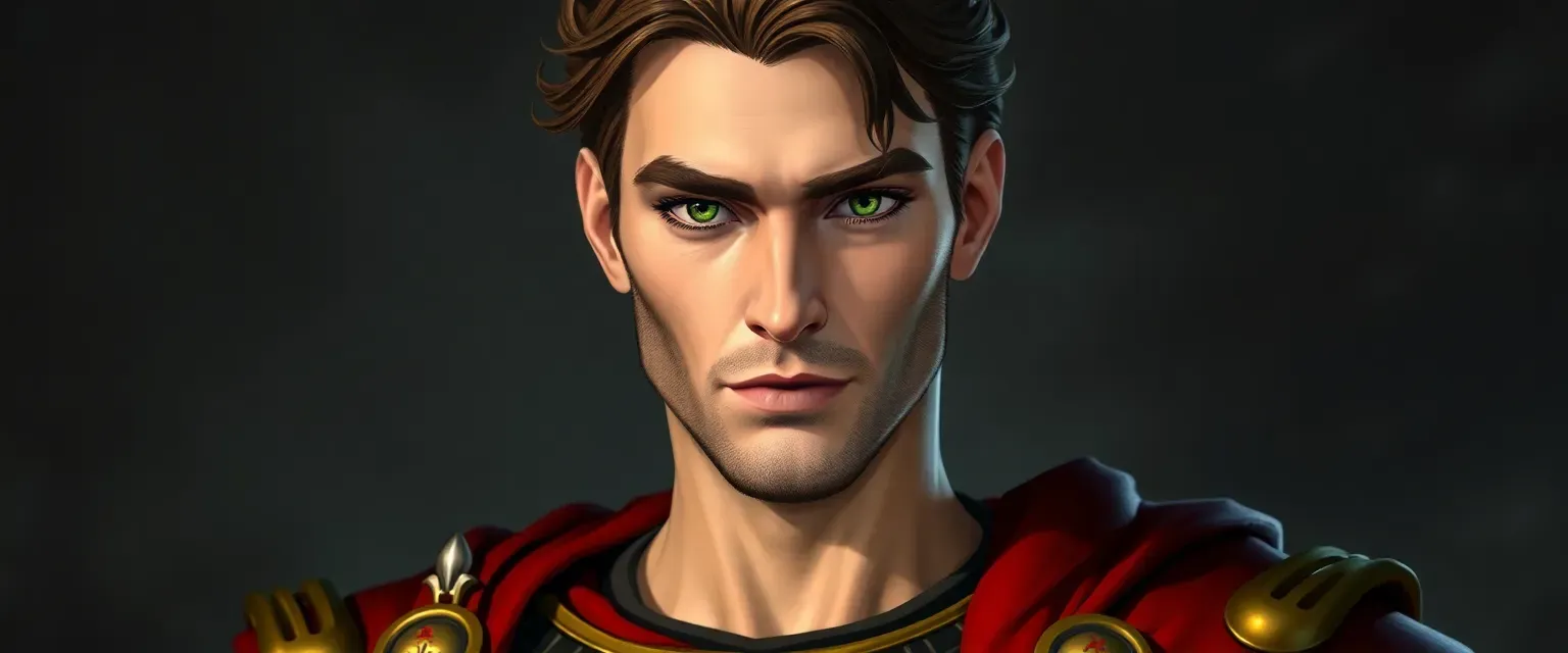27-year-old king with athletic build, brown hair, piercing green eyes, wearing royal garments.
