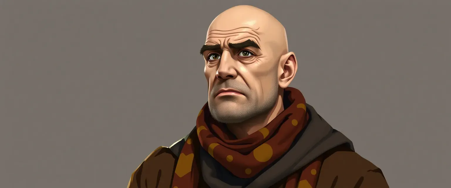 A bald, middle-aged man in a brown robe, using a colorful scarf, with a nervous but determined expression.