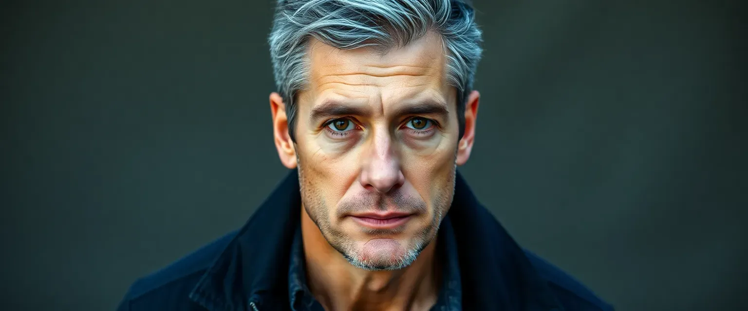 Late 30s man with graying black hair, deep brown eyes, lean and strong, wearing a dark jacket and loose trousers.