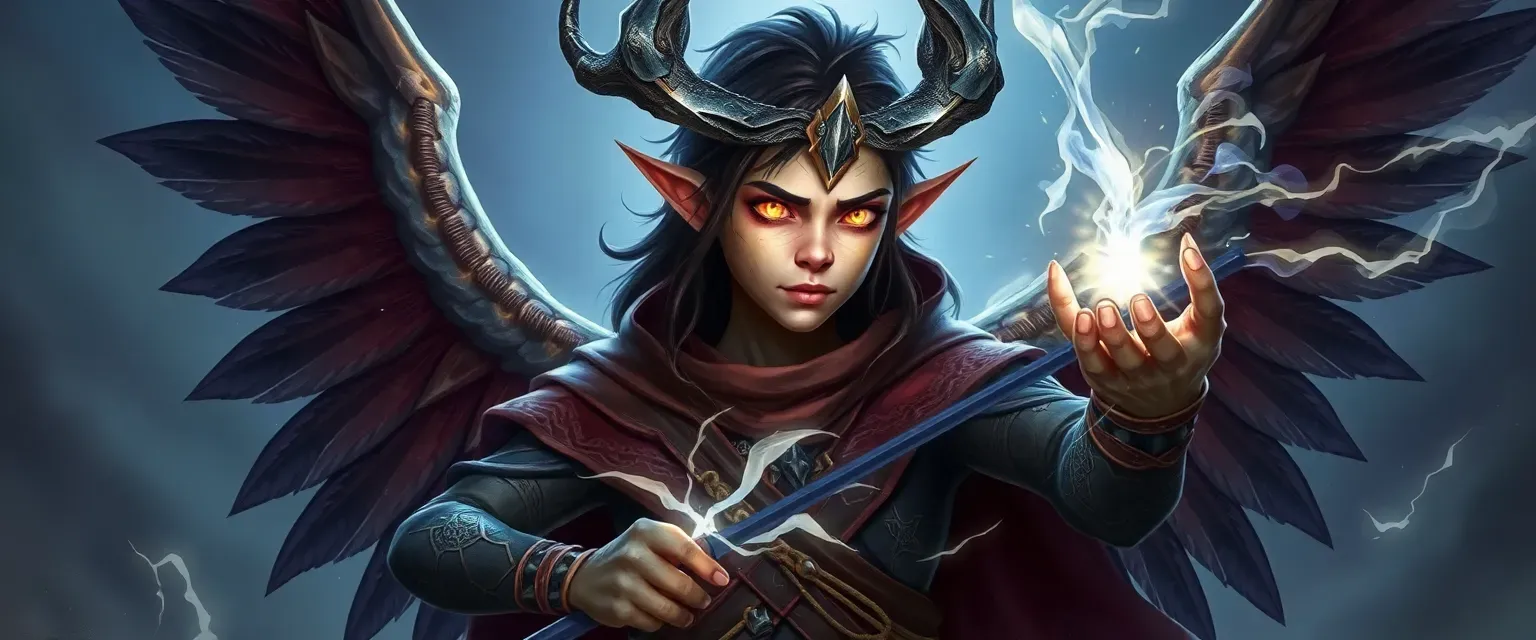 Young Aasimar sorcerer with glowing eyes, metallic skin cracks, and majestic wings, wielding storm sorcery.