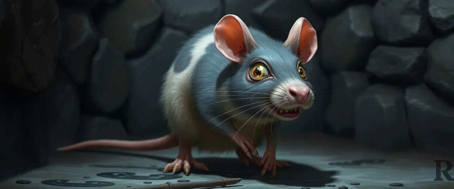Goofy rat with patchy gray-brown fur, one oversized foot, mischievous eyes, living in sewer.