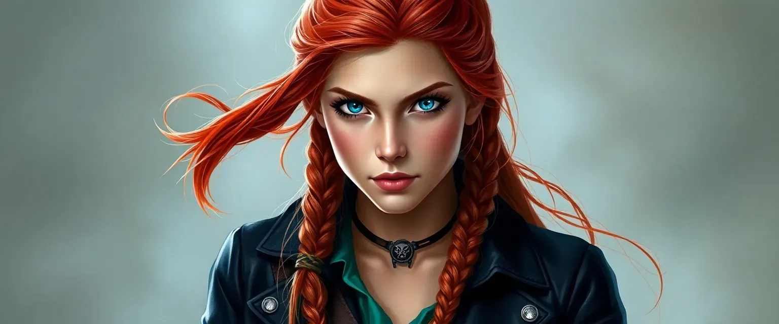 19-year-old pirate with pale red braided hair, sharp features, and azure blue eyes. Wears a black leather jacket, emerald blouse, and fitted pants.