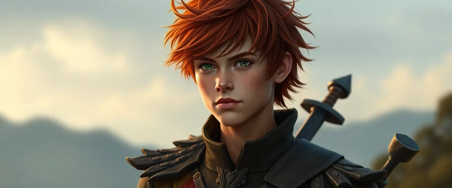 Young adult with unruly chestnut hair, wearing a crested tunic and sturdy boots, sword at side.