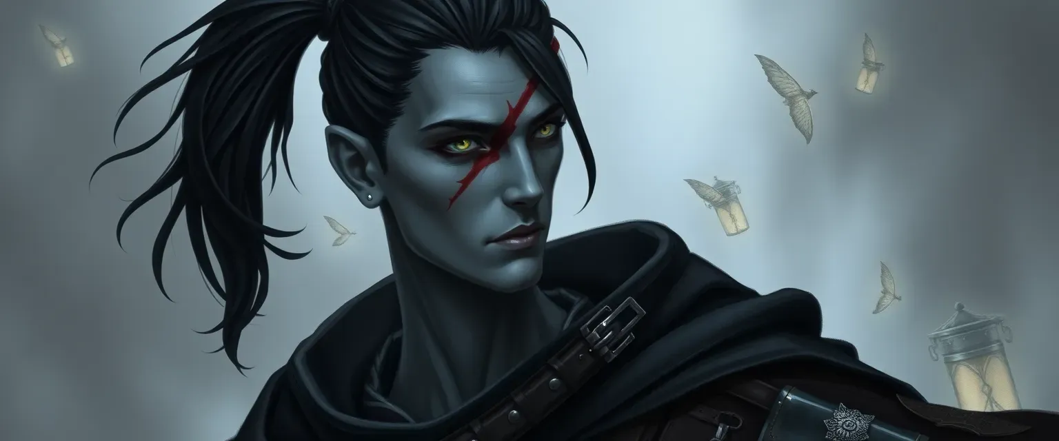 22-year-old fallen aasimar with gray skin, black ponytail, and a scar over right eye, wearing dark leathers and cloaks.