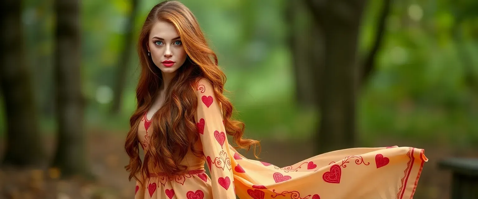 28-year-old woman with long chestnut hair, emerald green eyes, wearing a flowing gown with symbols of love, sturdy boots.