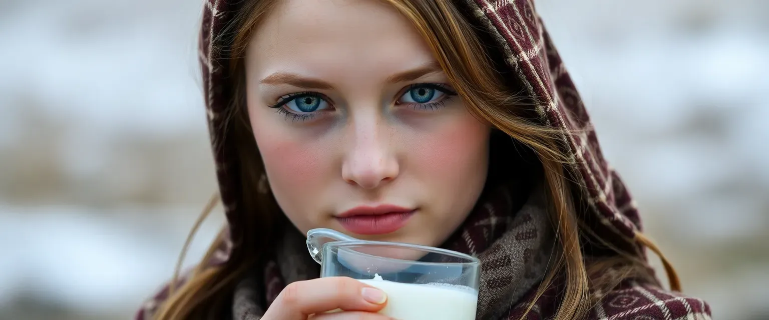 Young Slavic woman, 22, with natural beauty, traditional clothes, scarf, no makeup, carrying milk.