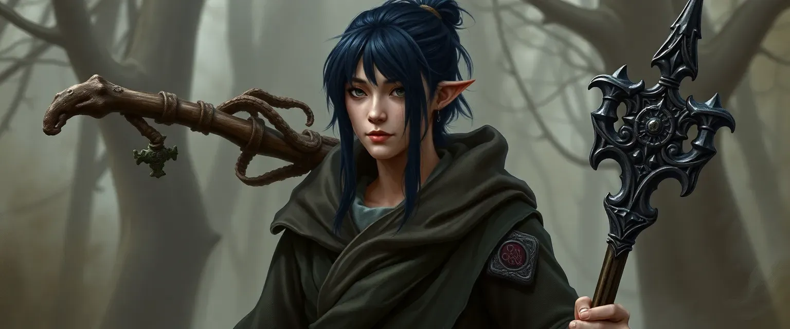 Reborn half-elf with black dyed hair, dressed in monk robes, carrying a druidic staff.