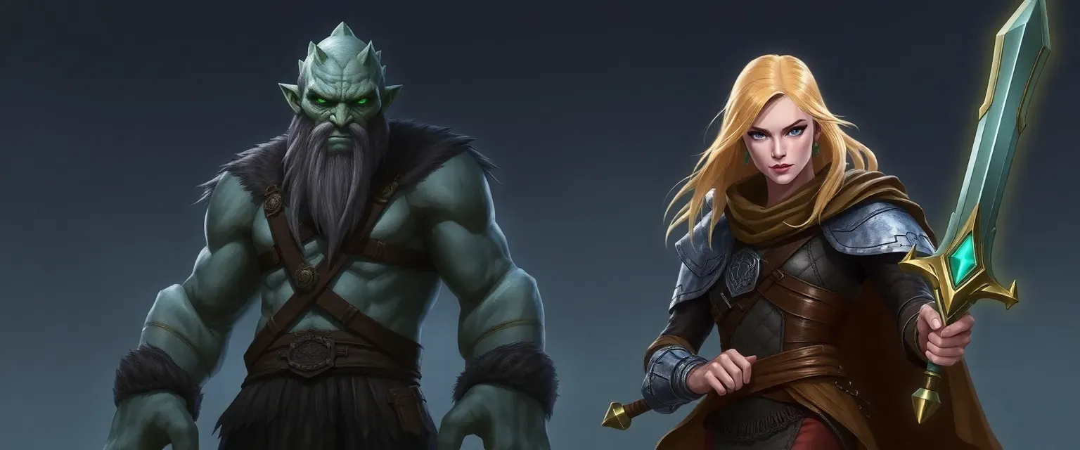 Tall stone Goliath druid with gray skin and green eyes, adorned in leather and fur. Blonde, armored paladin with blue eyes and a glowing sword.