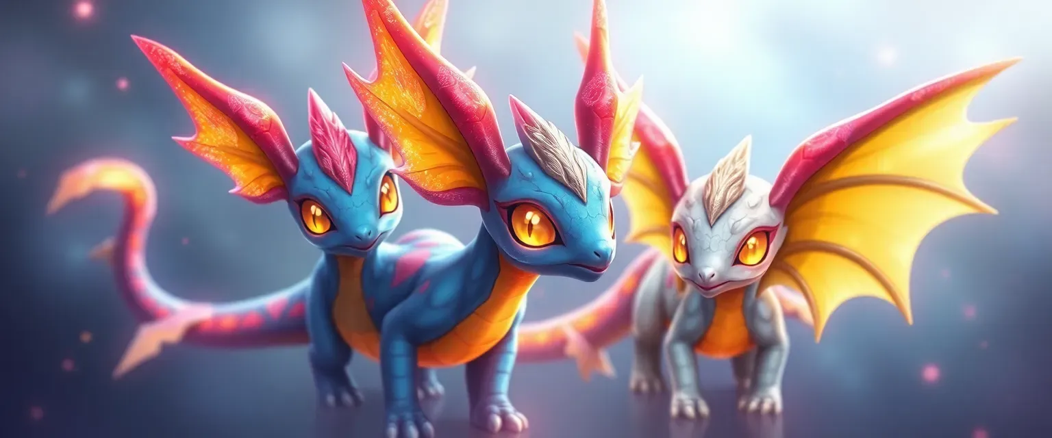 Young legendary Pokémon with shimmering, colorful scales and soft, inviting eyes that can blaze with fury.