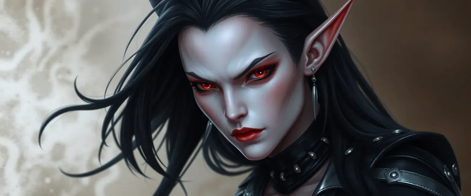 Pale dhampir with translucent skin, crimson eyes, long jet-black hair, dressed in dark leathers with silver accents.