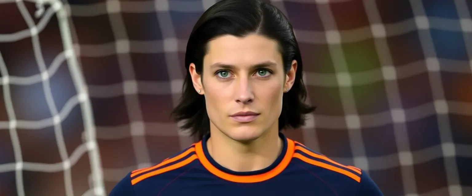 Tall goalkeeper with piercing green eyes and dark shoulder-length hair; wears navy blue kit with orange stripes.