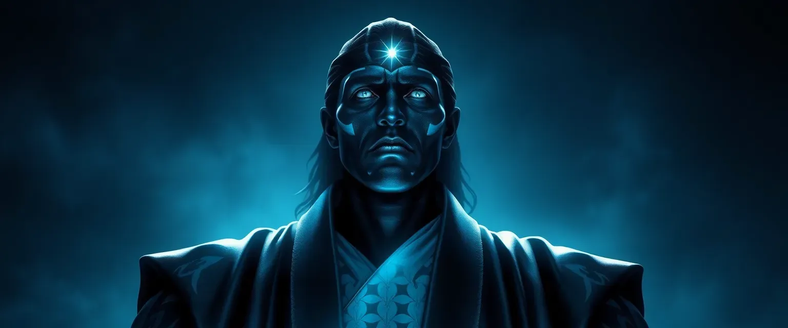 Tall, imposing figure with black skin and starlit eyes, wearing a light-absorbing robe with shifting patterns.