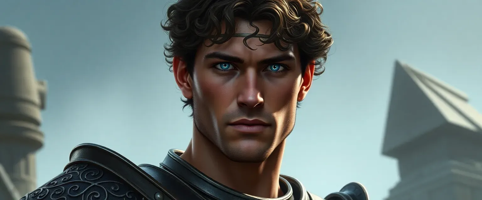 Tall, muscular man in his 30s with dark brown curly hair and piercing blue eyes, wearing engraved armor.
