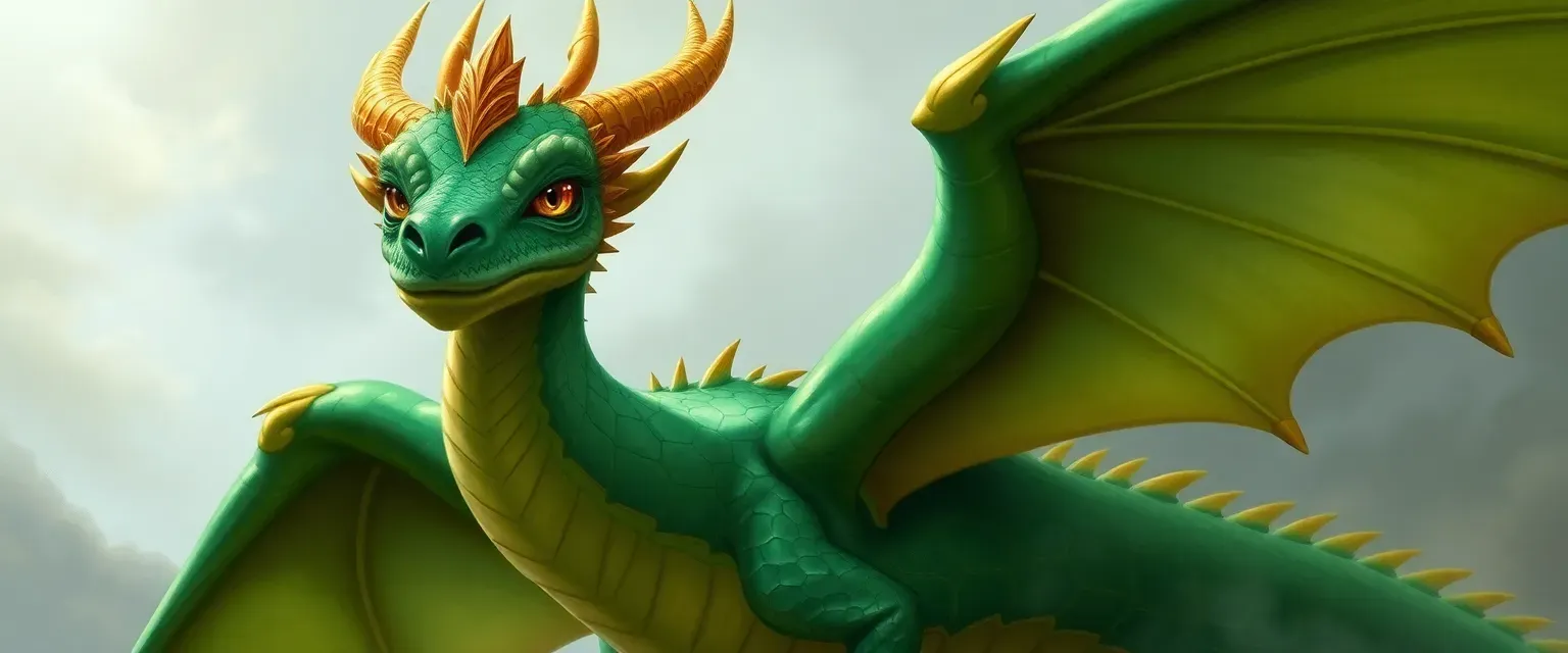 Emerald-scaled dragoness with golden highlights, amber eyes, youthful yet wise, large wings with intricate patterns.