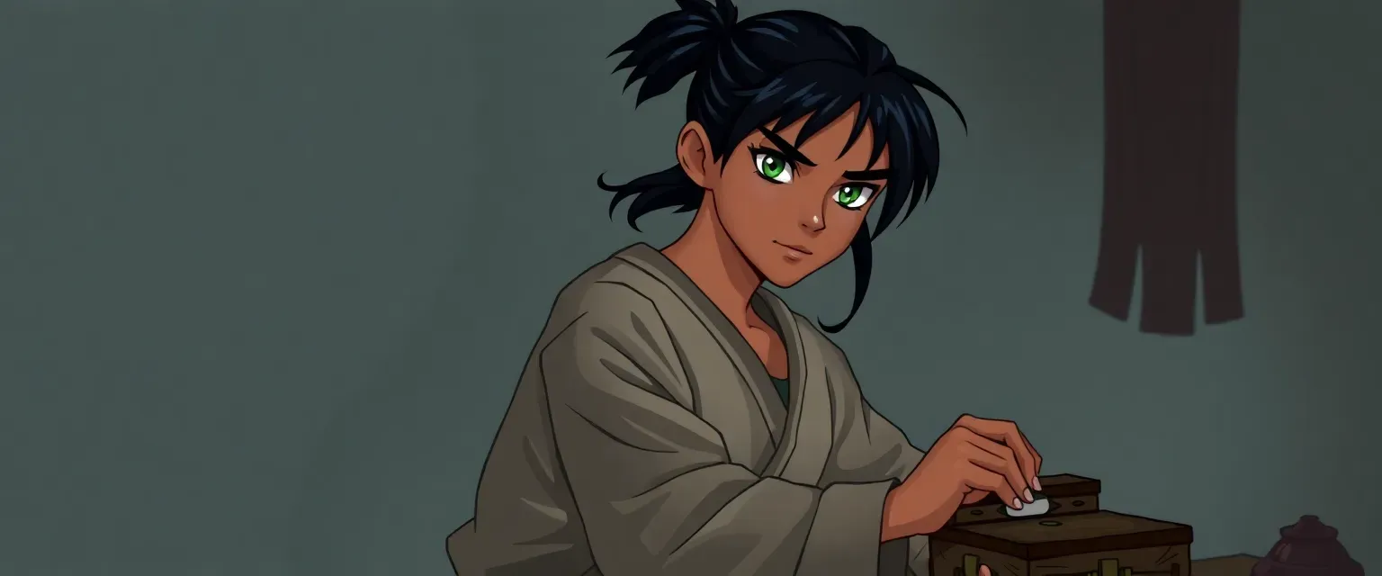 Young Nishigor, with jet-black hair in a ponytail, green eyes, wearing a simple tunic and breeches, his skilled hands at work.