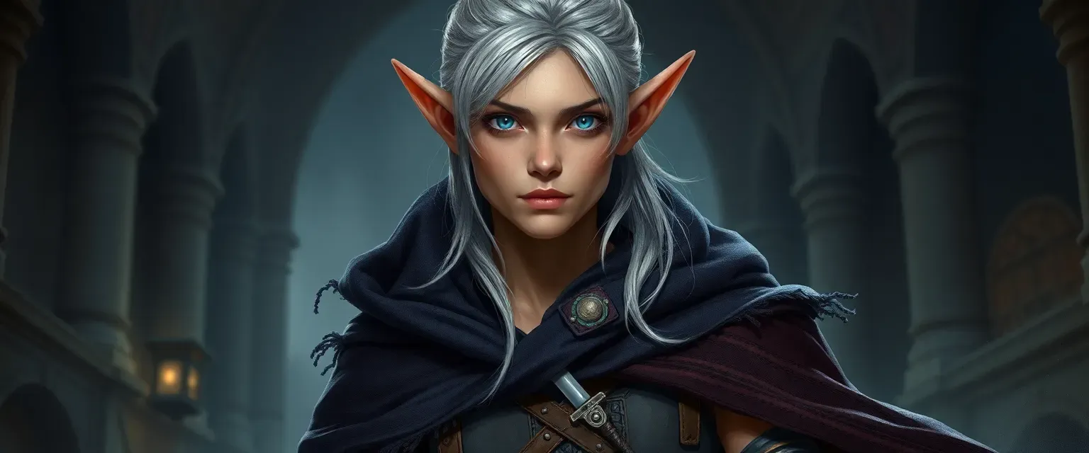 Skinny 27-year-old elf rogue with silver hair and eyes, dark bags under eyes from lack of sleep, wearing frayed midnight cloak over leather armor, daggers at belt, in shadowy elven city.