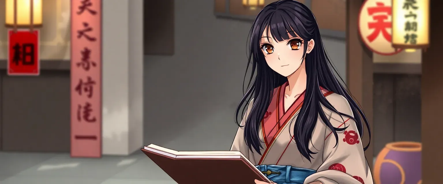 18-year-old Japanese girl with long dark hair, brown eyes, wearing a kimono over jeans, holding a sketchbook.
