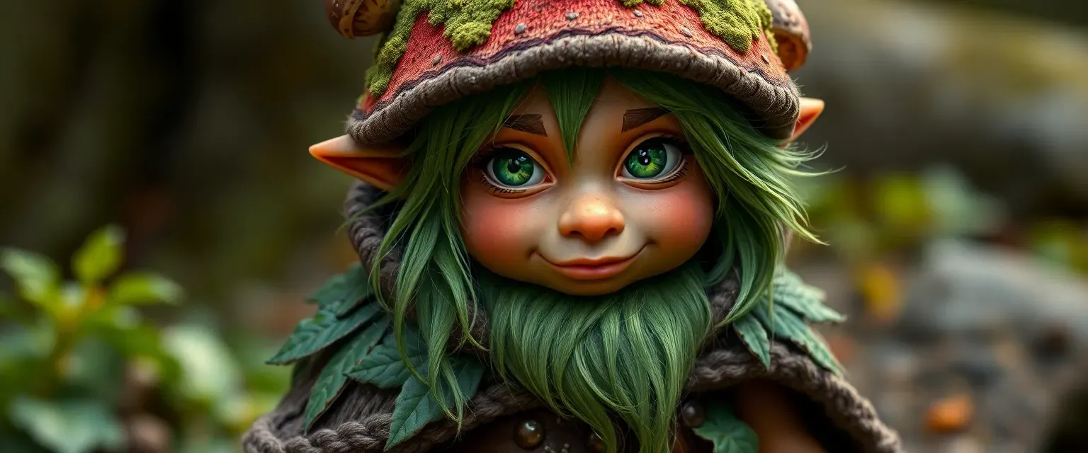 A gnome with mossy green hair, earthy brown skin, wearing a cloak of mushroom caps and leaf-patched trousers, emerald eyes twinkling with naive curiosity.