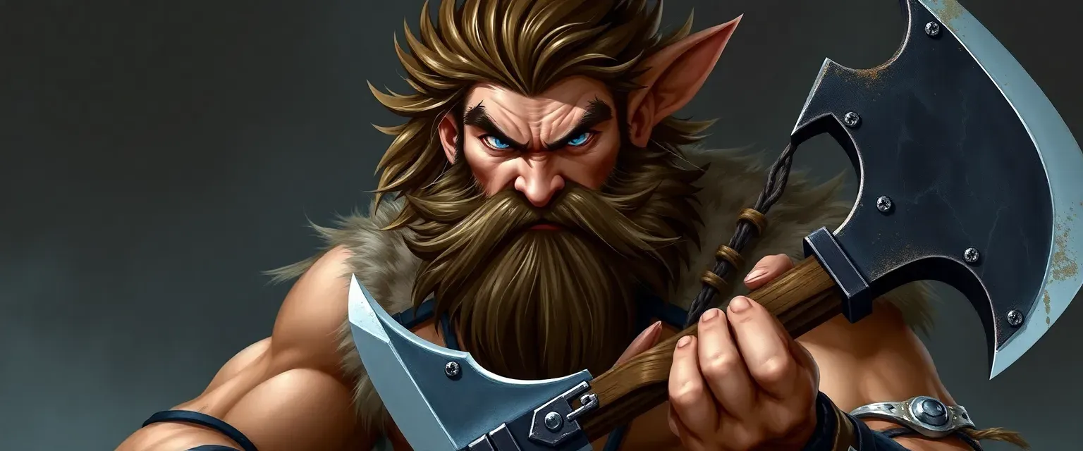 Tall, muscular barbarian with wild brown hair and beard, fierce blue eyes, wearing fur and leather, wielding a large battle-axe.