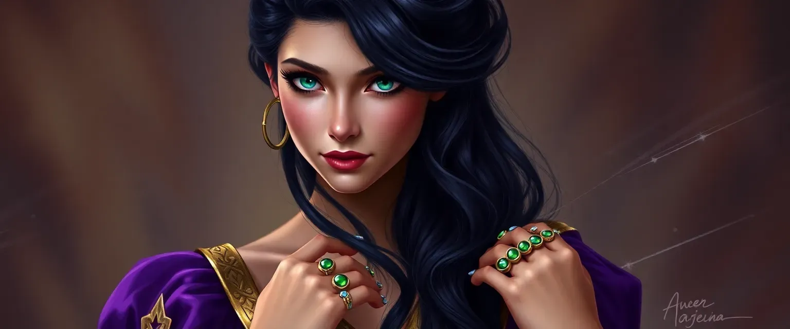 Young woman with raven hair and emerald eyes, wearing a purple and gold gown, adorned with magical rings.