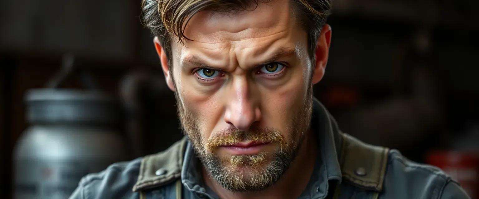 Early 30s man with a rugged look, wearing mechanic's overalls, intense eyes, and a determined expression.