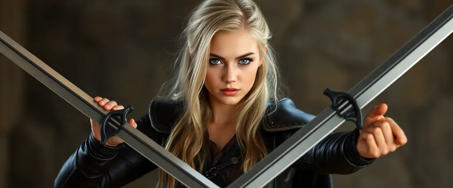 Young blonde woman, 22, dual-wielding swords, blue eyes, leather armor.