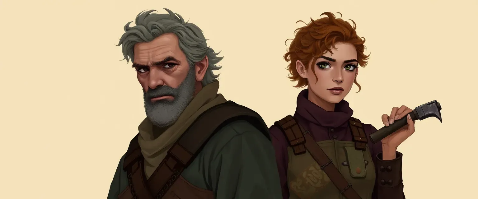 Gradimir: Late 40s, weathered face, sharp eyes, simple wool and leather garments, rough hands. Radiša: Early 20s, curly hair, bright eyes, stained work clothes, always with a tool.