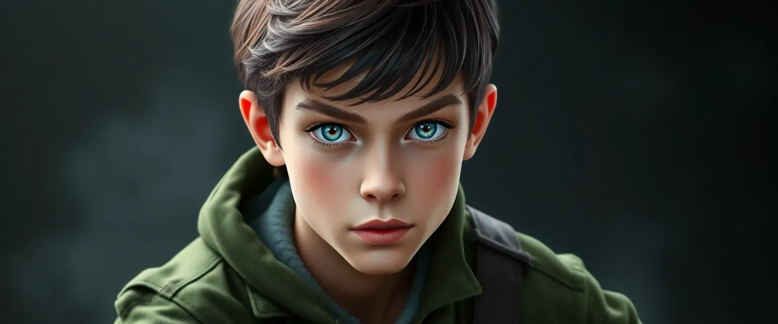 Sixteen-year-old boy with piercing blue eyes and dark brown hair, wearing a patched green jacket, jeans, and boots.