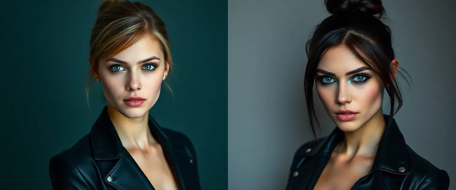Young woman, 22, neat professional attire by day, leather and dark makeup by night, piercing blue eyes, hair in bun or wild.