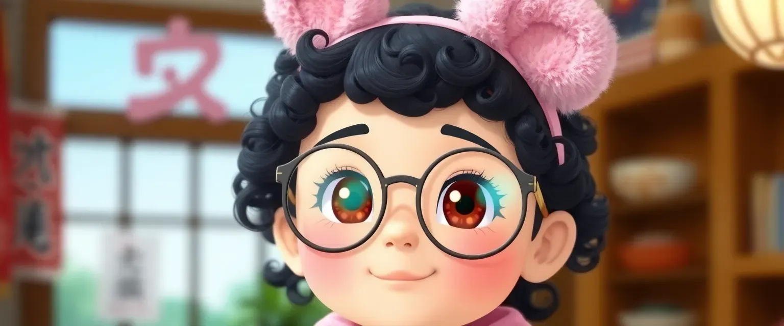 Eleven-year-old JingJing has curly black hair, large glasses magnifying curious brown eyes, and wears a whimsical headband with fluffy pink ears like Puku from Aquapets.