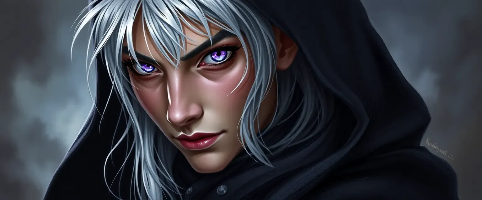 27-year-old elf wizard, silver hair, violet eyes, dark robes with arcane symbols, cloaked in shadow.