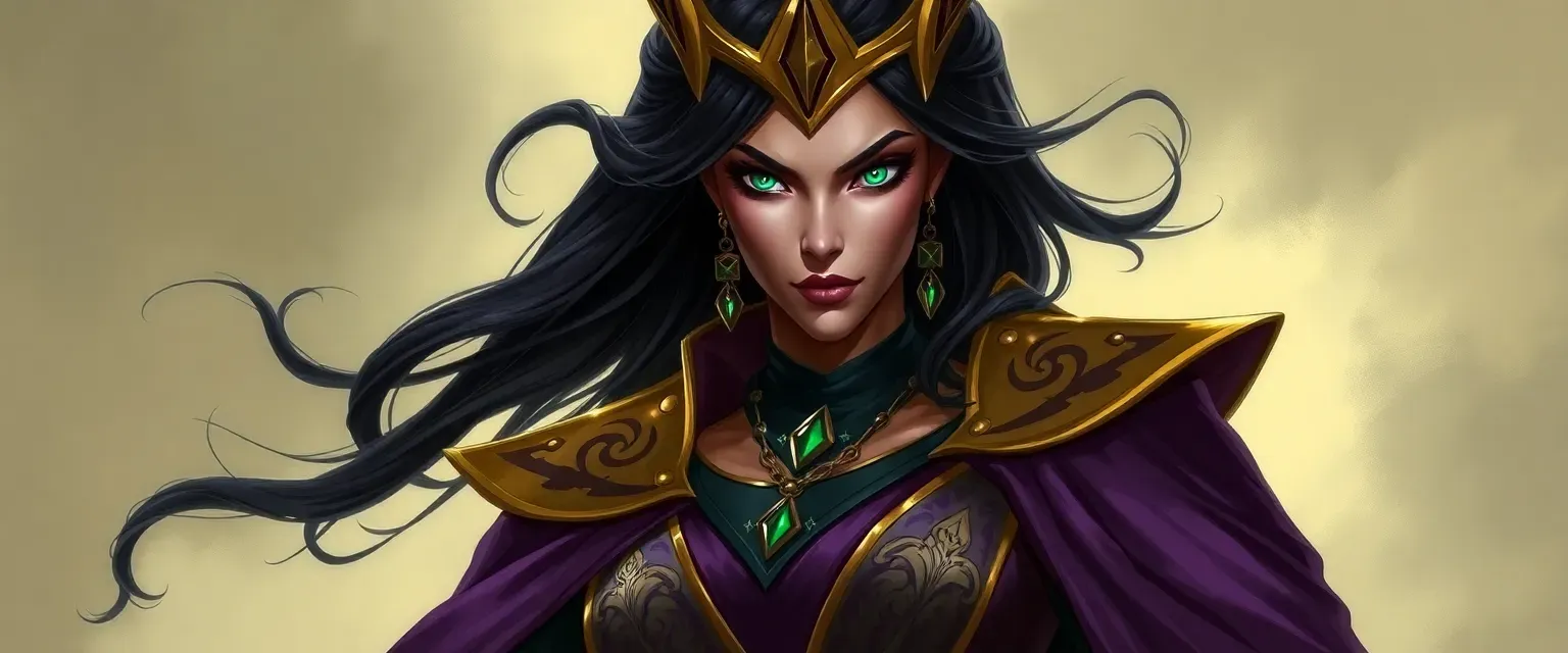Tall, imposing empress with raven black hair, emerald eyes, wearing regal purple and gold robes.