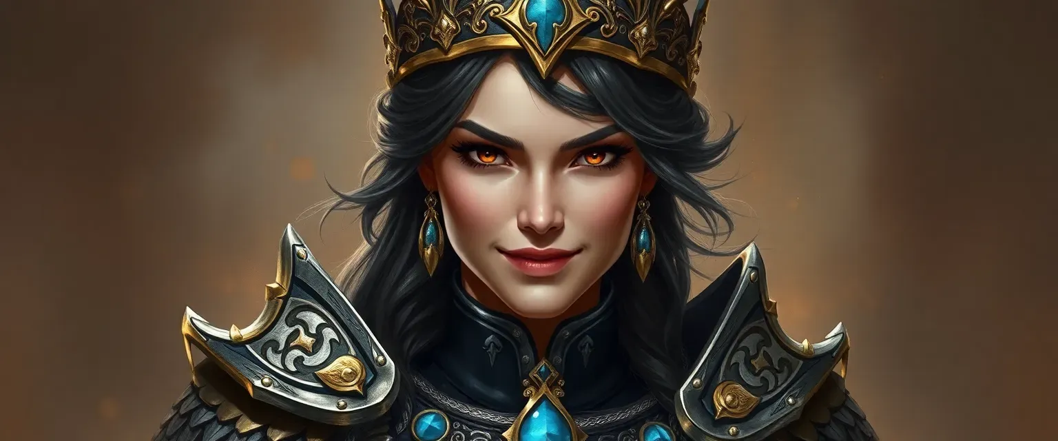 Regal woman with enchanted armor, constant smile, noble attire, piercing eyes.