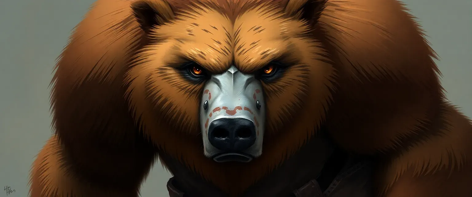 A towering bear with deep brown fur, scars, and amber eyes, wearing a leather vest and battle-worn trousers.