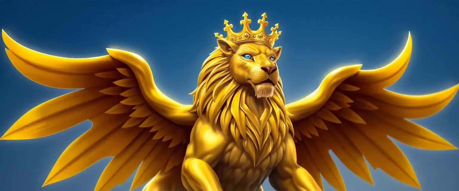Golden ligre with wings, wearing a gold crown, blue eyes, muscular and majestic.