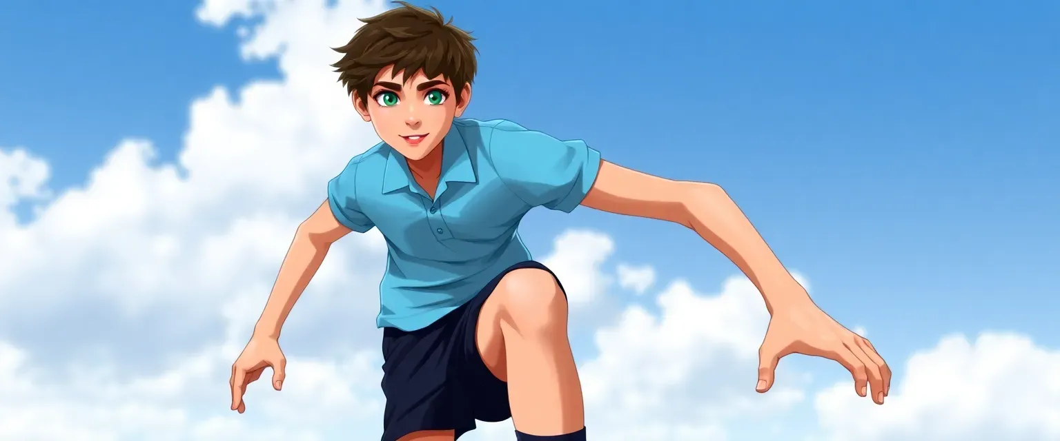 14-year-old Hayden, 5'6", skinny, androgynous, wearing a light blue polo, navy shorts, black socks, with tousled dark brown hair and striking green eyes.