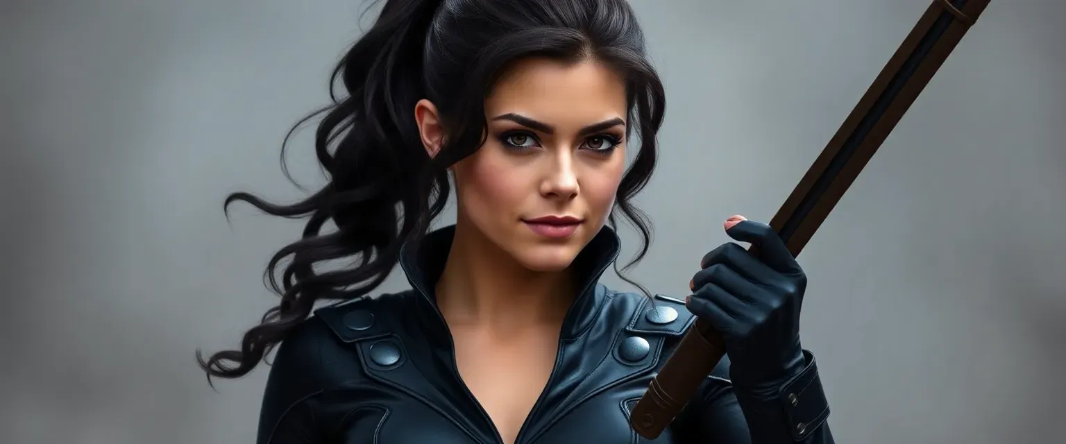 Mid-30s woman with dark wavy hair in a ponytail, wearing a sleek dark vigilante costume.