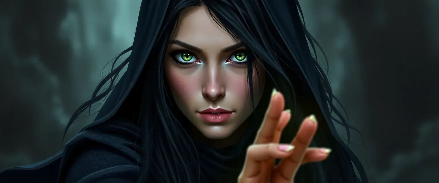 Late twenties witch with long black hair, green eyes, wearing a dark cloak with mystical symbols.