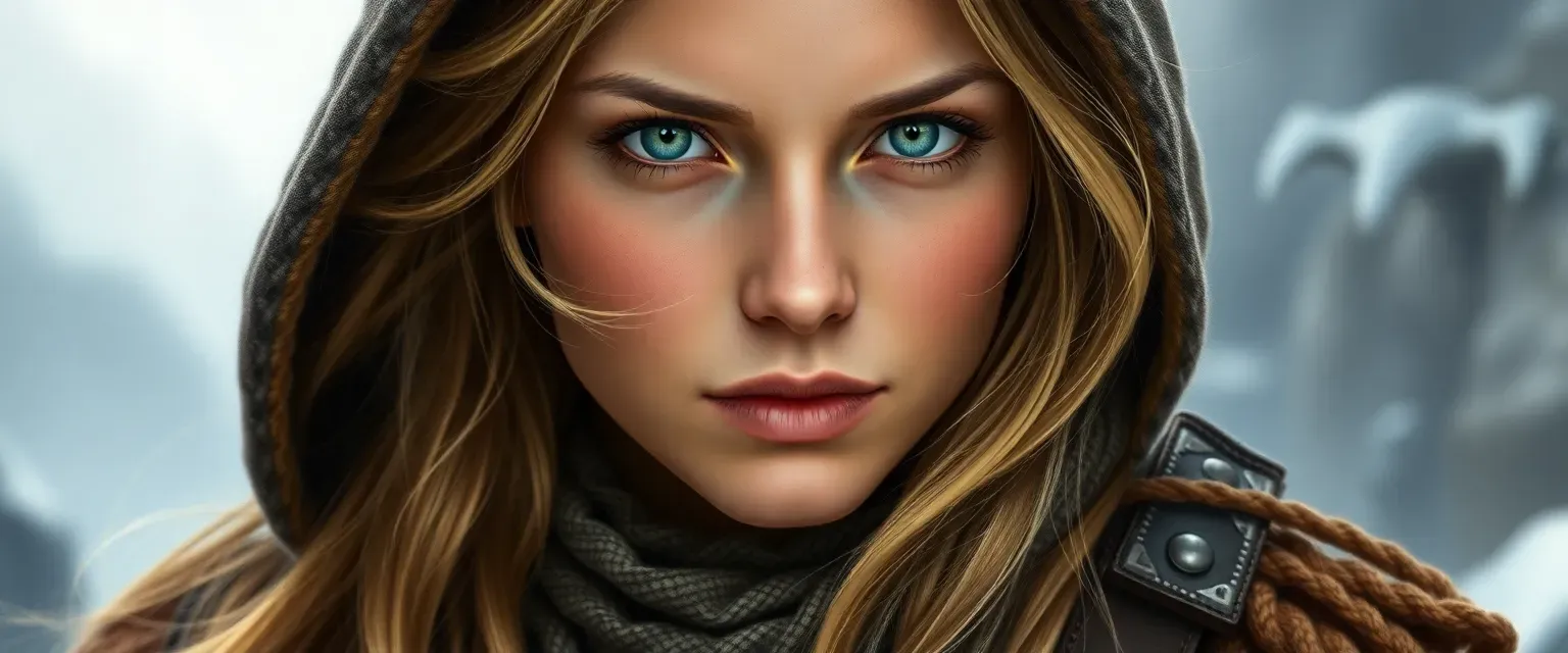 Tall Nordic woman, late 20s, golden hair, blue eyes, practical attire with traditional elements.