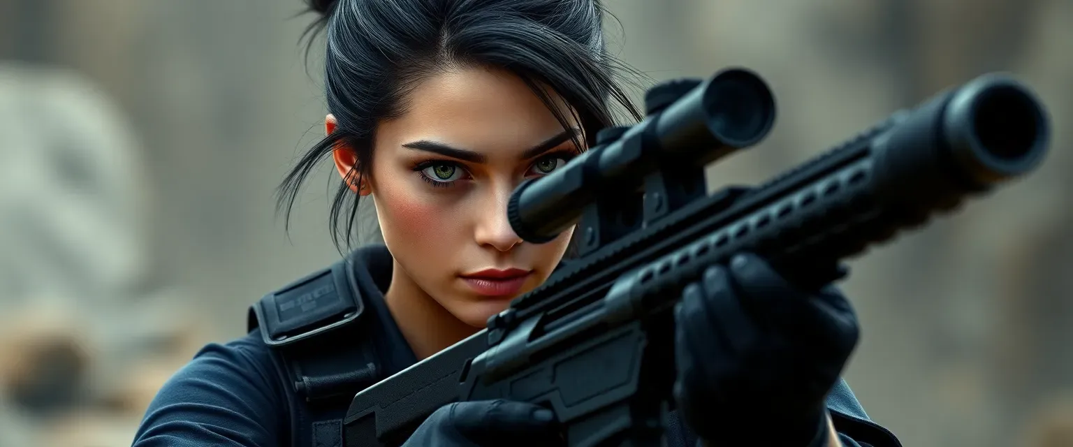 29-year-old woman with raven-black hair in a bun, piercing green eyes, tactical vest, dark uniform, sniper rifle.