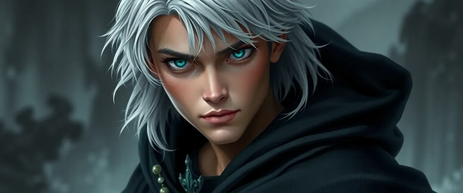 Young man with silver hair and emerald eyes, wearing a dark tunic and a shifting cloak.