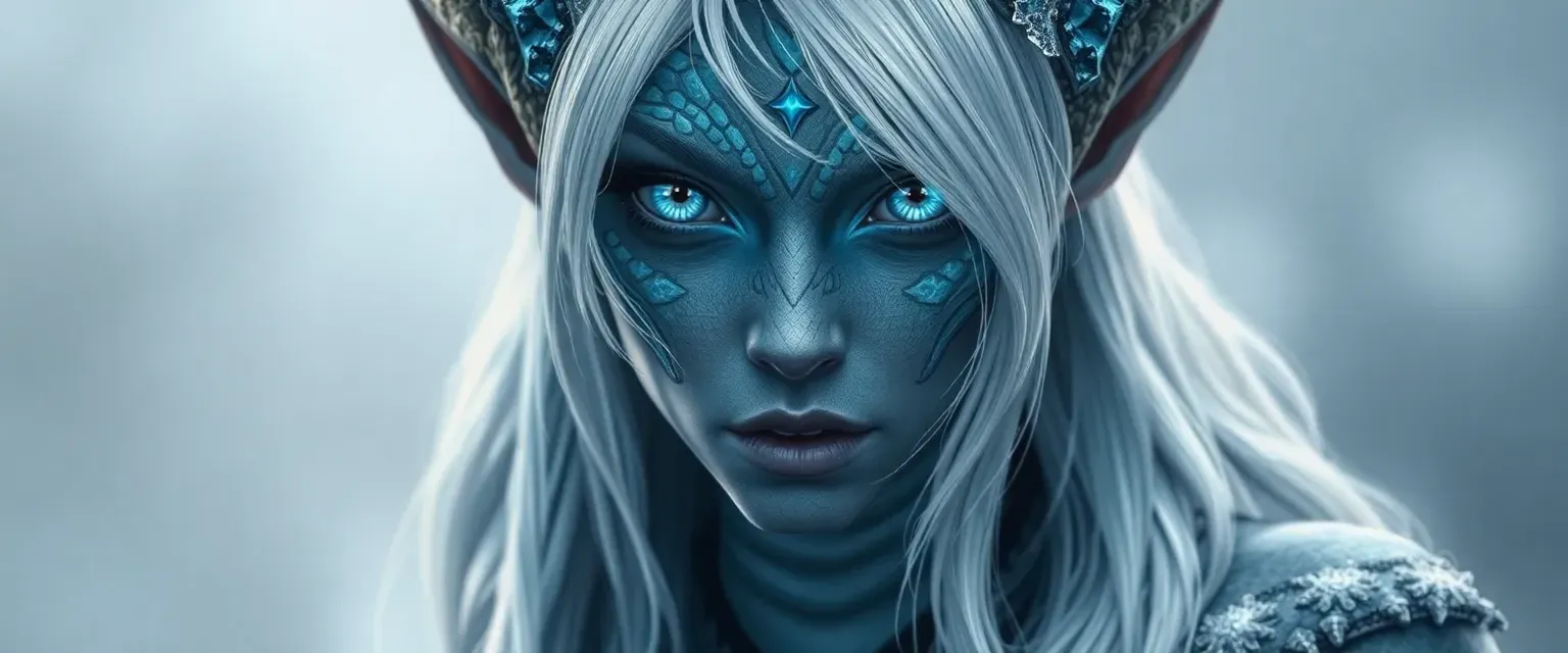 Half-snake demon, half-winter eladrin elf with blue eyes, frost-like scales, and white hair.