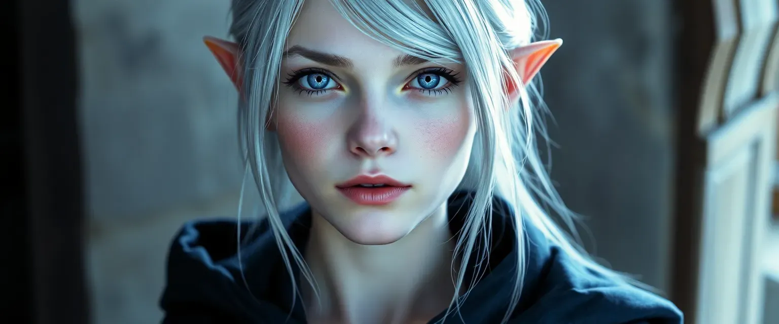 Young woman with silver hair, pointed ears, pale complexion, and violet eyes, wearing dark robes.