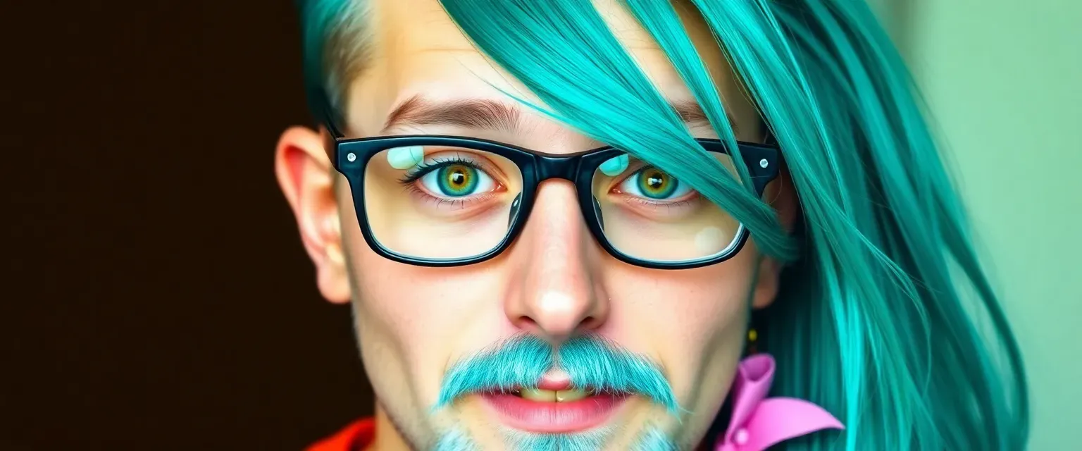 Late twenties man with teal 50-inch hair extensions, quirky glasses, light blue goatee, green and amber eyes, stretched earlobes with pink bow earring, small gap in left teeth.