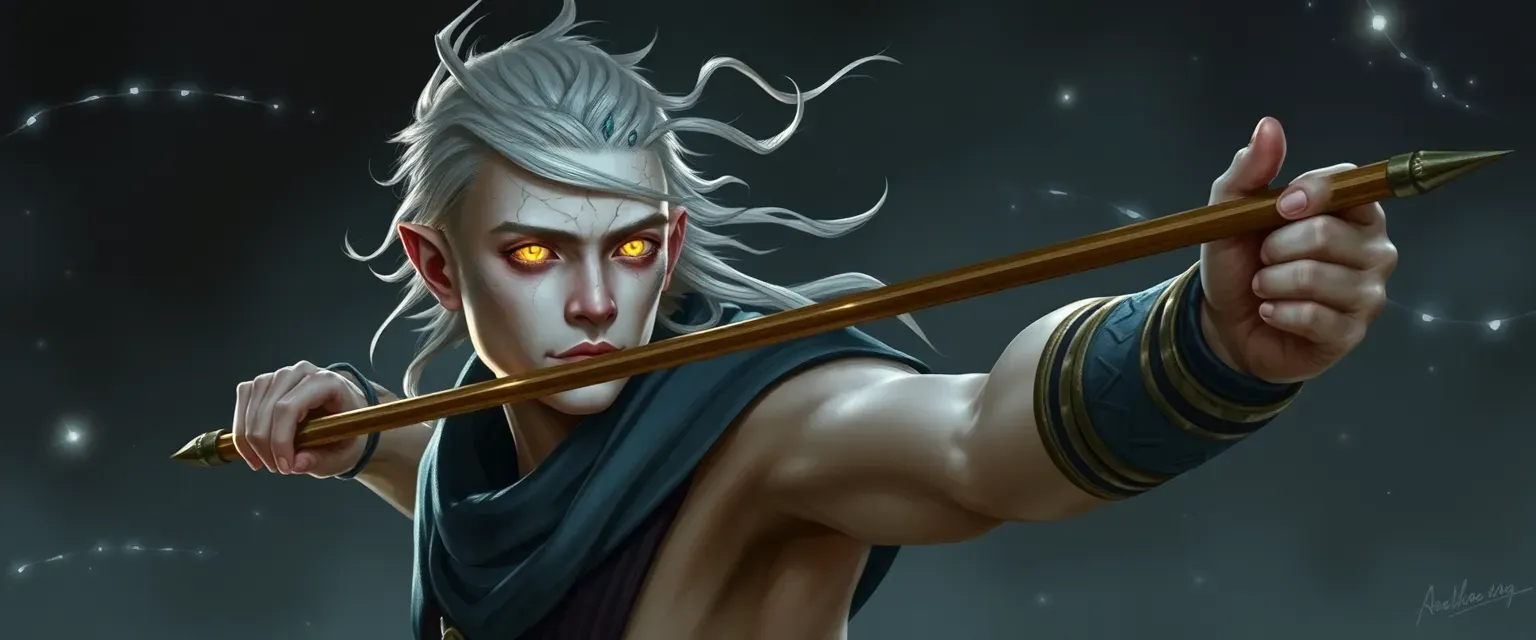 Aasimar sorcerer, mid-20s, pale skin with metallic cracks, glowing eyes, athletic javelin thrower, lunar sorcery.